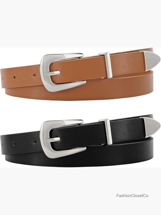 2 Pack Skinny Faux Leather Belts with Gold Buckle for Jeans Pants Dresses main image 7